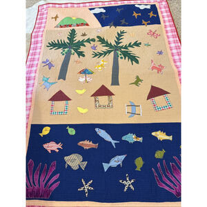 Vintage Handmade Colorful Pictorial Quilt Quilt Fish Palm Trees Birds Mountains
